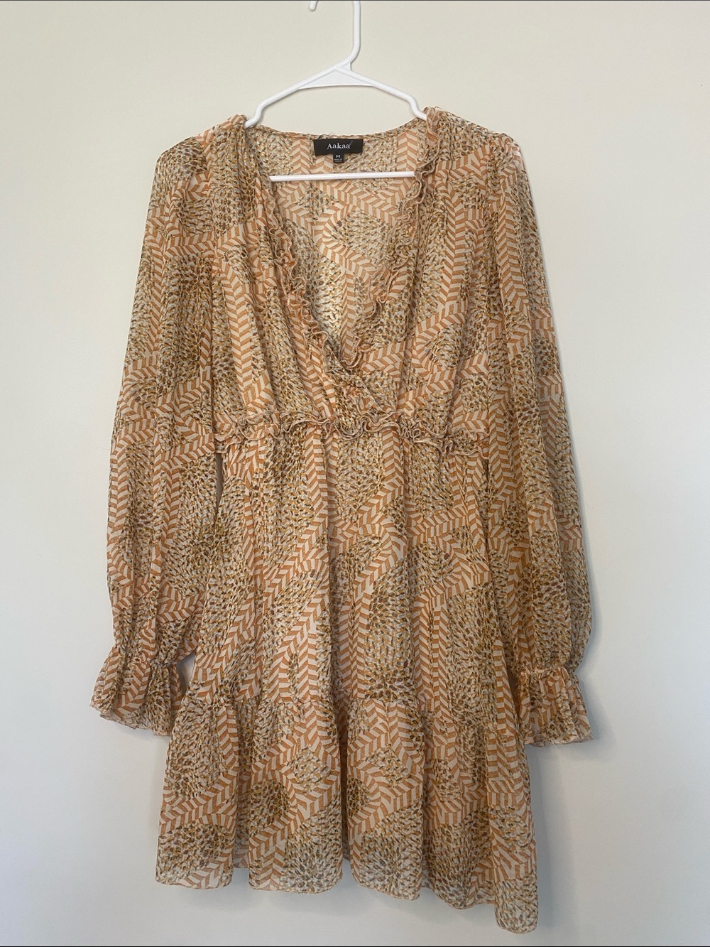 Aakaa Orange Patterned Long-Sleeve Dress